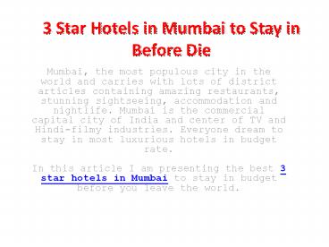 3 Star Hotels in Mumbai to Stay in  Before You Die