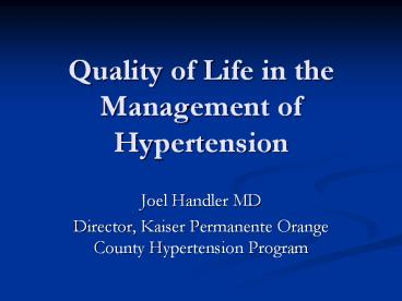 Quality of Life in the Management of Hypertension