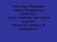 New Negro Movement Harlem Renaissance 1913-1930s History, Aesthetic, and Political explosion What is the meaning of renaissance? PowerPoint PPT Presentation