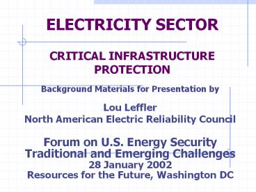 ELECTRICITY SECTOR CRITICAL INFRASTRUCTURE PROTECTION