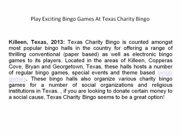 Play Exciting Bingo Games At Texas Charity Bingo