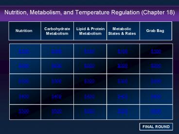 Nutrition, Metabolism, and Temperature Regulation (Chapter 18)