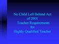 No Child Left Behind Act of 2001  Teacher Requirements for Highly Qualified Teacher PowerPoint PPT Presentation