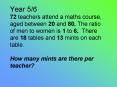 Year 5/6 72 teachers attend a maths course, aged between 20 and 80. The ratio of men to women is 1 to 6. There are 18 tables and 13 mints on each table. How many mints are there per teacher? PowerPoint PPT Presentation