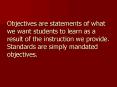 Objectives are statements of what we want students to learn as a result of the instruction we provide. Standards are simply mandated objectives. PowerPoint PPT Presentation