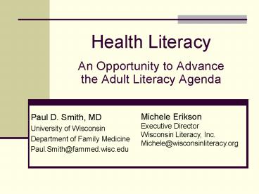 Health Literacy  An Opportunity to Advance the Adult Literacy Agenda