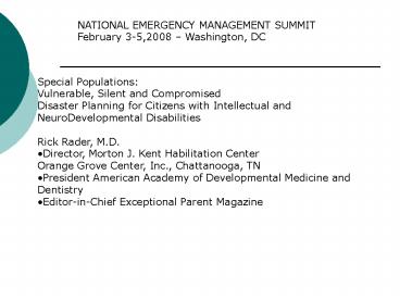 NATIONAL EMERGENCY MANAGEMENT SUMMIT