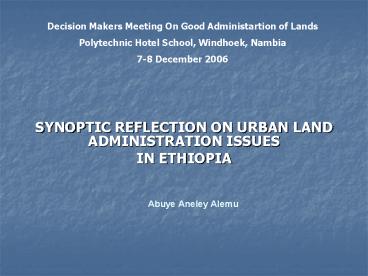 SYNOPTIC REFLECTION ON URBAN LAND ADMINISTRATION ISSUES