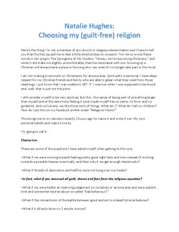 Natalie Hughes: Choosing my (guilt-free) religion