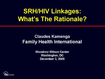 SRH/HIV Linkages: What