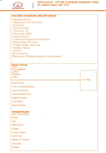 Cover Letter ( for Application Letter ) Pilih salah satu