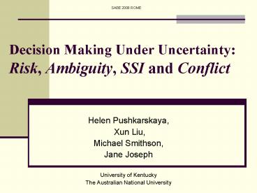 Decision Making Under Uncertainty: Risk, Ambiguity, SSI and Conflict