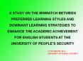 A STUDY ON THE MISMATCH BETWEEN PREFERRED LEARNING STYLES AND DOMINANT LEARNING STRATEGIES TO ENHANCE THE ACADEMIC ACHIEVEMENT FOR ENGLISH STUDENTS AT THE UNIVERSITY OF PEOPLE PowerPoint PPT Presentation