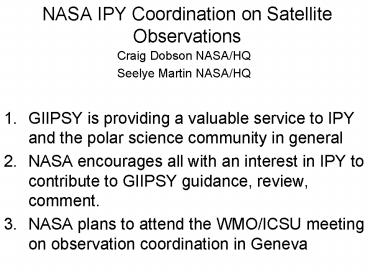 NASA IPY Coordination on Satellite Observations