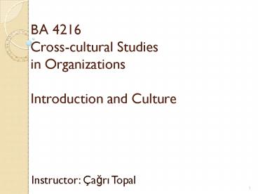 BA 4216 Cross-cultural Studies in Organizations Introduction and Culture