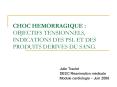 CHOC HEMORRAGIQUE : OBJECTIFS TENSIONNELS, INDICATIONS DES PSL ET DES PRODUITS DERIVES DU SANG. PowerPoint PPT Presentation