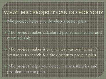 WHAT MIC PROJECT CAN DO FOR YOU?