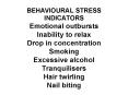 BEHAVIOURAL STRESS INDICATORS Emotional outbursts Inability to relax Drop in concentration Smoking Excessive alcohol Tranquilisers Hair twirling Nail biting PowerPoint PPT Presentation