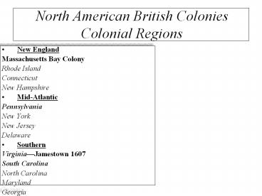 North American British Colonies Colonial Regions