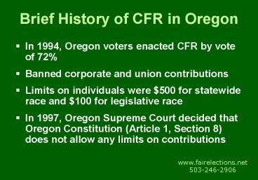 Brief History of CFR in Oregon