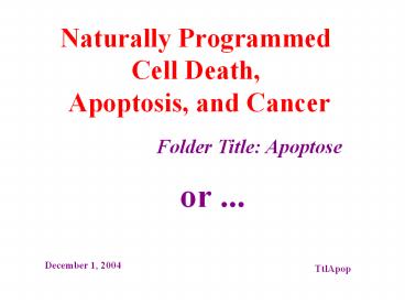 Naturally Programmed Cell Death, Apoptosis, and Cancer