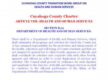 CUYAHOGA COUNTY TRANSITION WORK GROUP ON