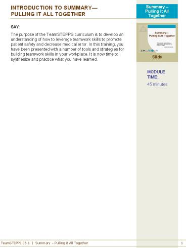 INTRODUCTION TO SUMMARY