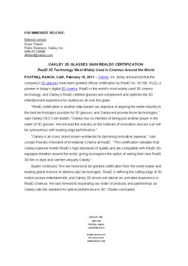 Oakley 3D Glasses Gain RealD Certification