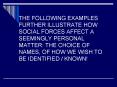 THE FOLLOWING EXAMPLES FURTHER ILLUSTRATE HOW SOCIAL FORCES AFFECT A SEEMINGLY PERSONAL MATTER: THE CHOICE OF NAMES, OF HOW WE WISH TO BE IDENTIFIED / KNOWN! PowerPoint PPT Presentation