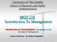 MGT.110 Introduction To Management THE NATURE OF MANAGEMENT: Introduction to the Concept of Management PowerPoint PPT Presentation
