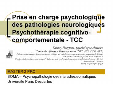 Prise en charge psychologique des pathologies neurologiques Psychoth