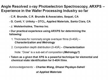 Angle Resolved x-ray Photoelectron Spectroscopy, ARXPS 