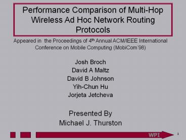 Performance Comparison of Multi-Hop Wireless Ad Hoc Network Routing Protocols
