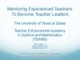 Mentoring Experienced Teachers To Become Teacher Leaders The University of Texas at Dallas Teacher Enhancement Academy          in Science and Mathematics (TEAMS)  Robert Hilborn, PI Cynthia Ledbetter, Co-Pi Barbara Curry, Co-Pi PowerPoint PPT Presentation