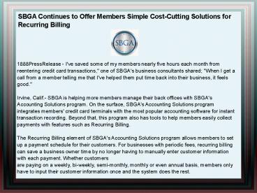 SBGA Continues to Offer Members Simple Cost-Cutting Solutions for Recurring Billing