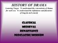 HISTORY OF DRAMA Learning Target: To understand the conventions of drama for each era. To understand the definitions and functions of tragedy and comedy PowerPoint PPT Presentation