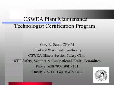 CSWEA Plant Maintenance Technologist Certification Program