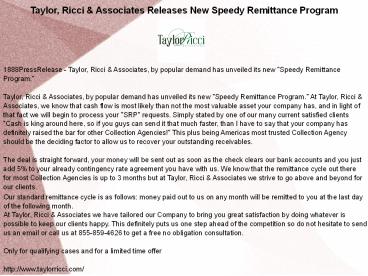 Taylor, Ricci & Associates Releases New Speedy Remittance Program