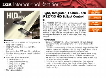 Highly Integrated, Feature-Rich IRS2573D HID Ballast Control IC