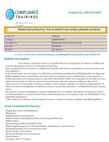 Webinar On Medical Device Reporting - How to establish and maintain adequate procedures