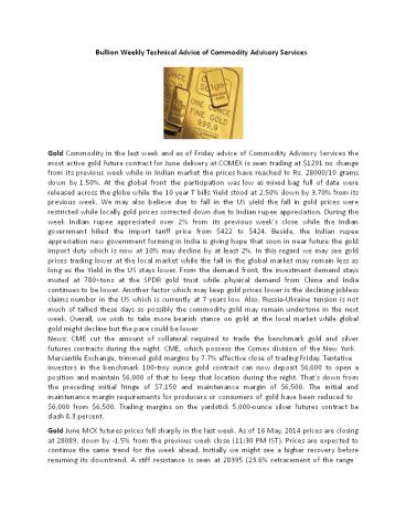 Bullion Weekly Technical Advice of Commodity Advisory Services