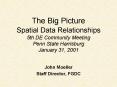 The Big Picture Spatial Data Relationships 5th DE Community Meeting Penn State Harrisburg January 31, 2001 PowerPoint PPT Presentation