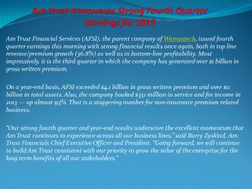 AmTrust Announces Strong Fourth Quarter Earnings for 2013