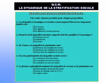 Q.C.M. LA DYNAMIQUE DE LA STRATIFICATION SOCIALE