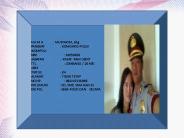 N A M A     : MUSTAKIM, SAg PANGKAT          : KOMISARIS POLISI (KOMPOL) NRP            : 62050458 JABATAN          : KASAT PAM OBVIT TTL            : JOMBANG / 18 MEI 1962 STATUS            :
