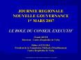 JOURNEE REGIONALE NOUVELLE GOUVERNANCE 1er MARS 2007 LE ROLE DU CONSEIL EXECUTIF Claude ROTH Directeur - Centre Hospitalier de Vichy Didier AGUILERA Pr PowerPoint PPT Presentation