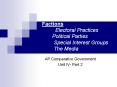 Factions  Electoral Practices     Political Parties Special Interest Groups The Media PowerPoint PPT Presentation