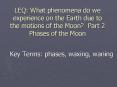 LEQ: What phenomena do we experience on the Earth due to the motions of the Moon? Part 2 Phases of the Moon PowerPoint PPT Presentation