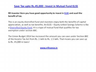 Save Tax upto Rs.45,000 : Invest in Mutual Fund ELSS