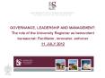 GOVERNANCE, LEADERSHIP AND MANAGEMENT: The role of the University Registrar as benevolent bureaucrat: Facilitator, innovator, enforcer 11 JULY 2012 PowerPoint PPT Presentation